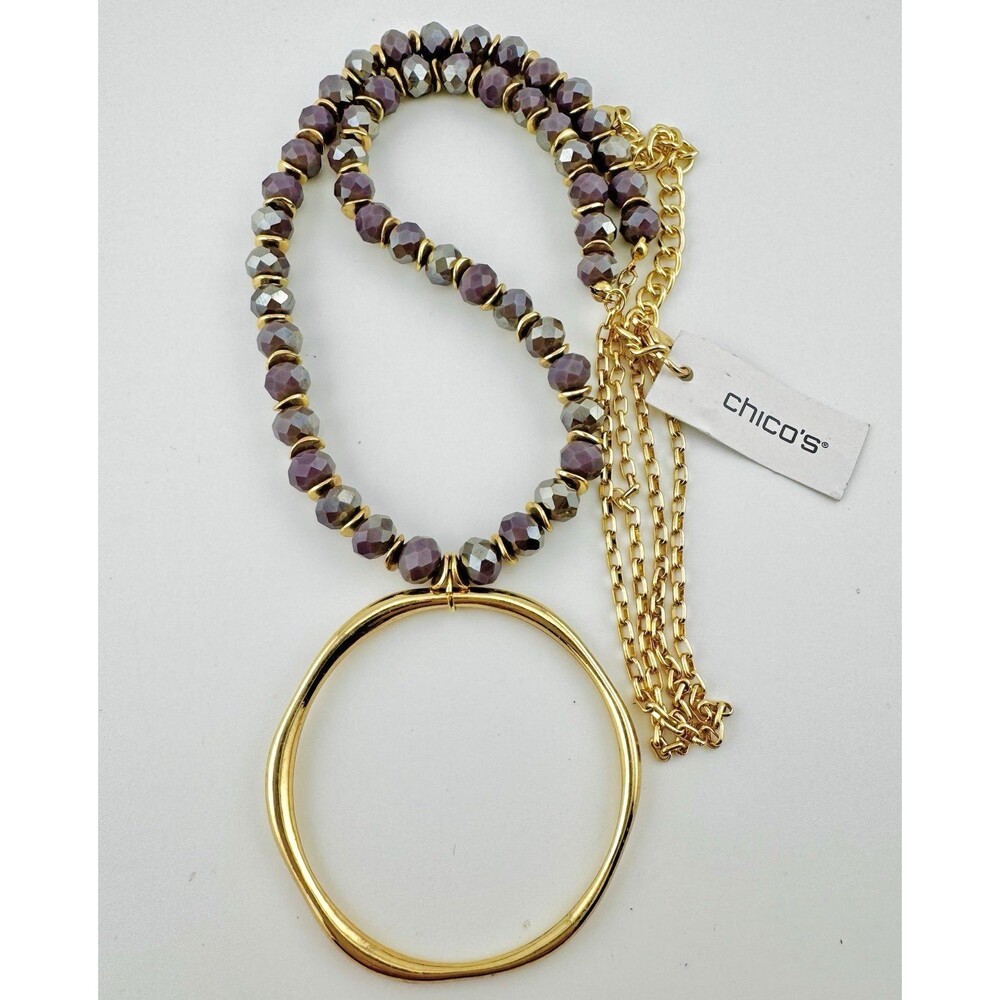Chicos Violet Circle Pendant Necklace Gold Tone Retired Collection New 32 in
